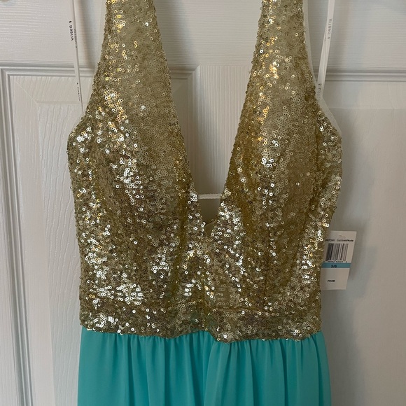 Gold Sequin and Teal Prom Dress